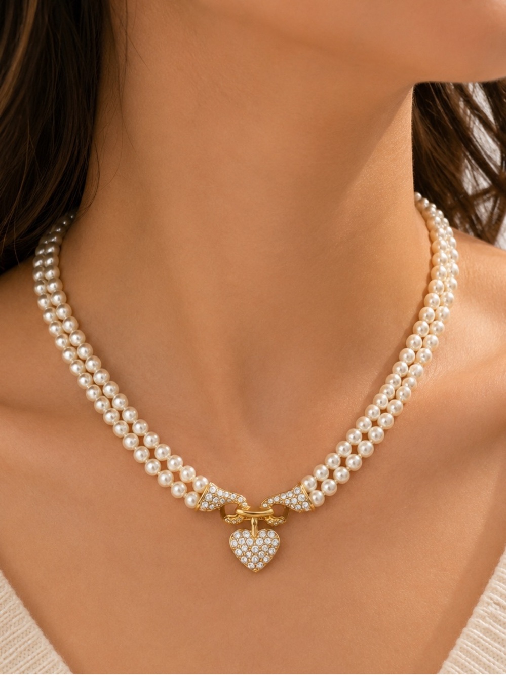 Double Strand Faux Pearl Necklace with Rhinestone Heart Pendant Gold Tone